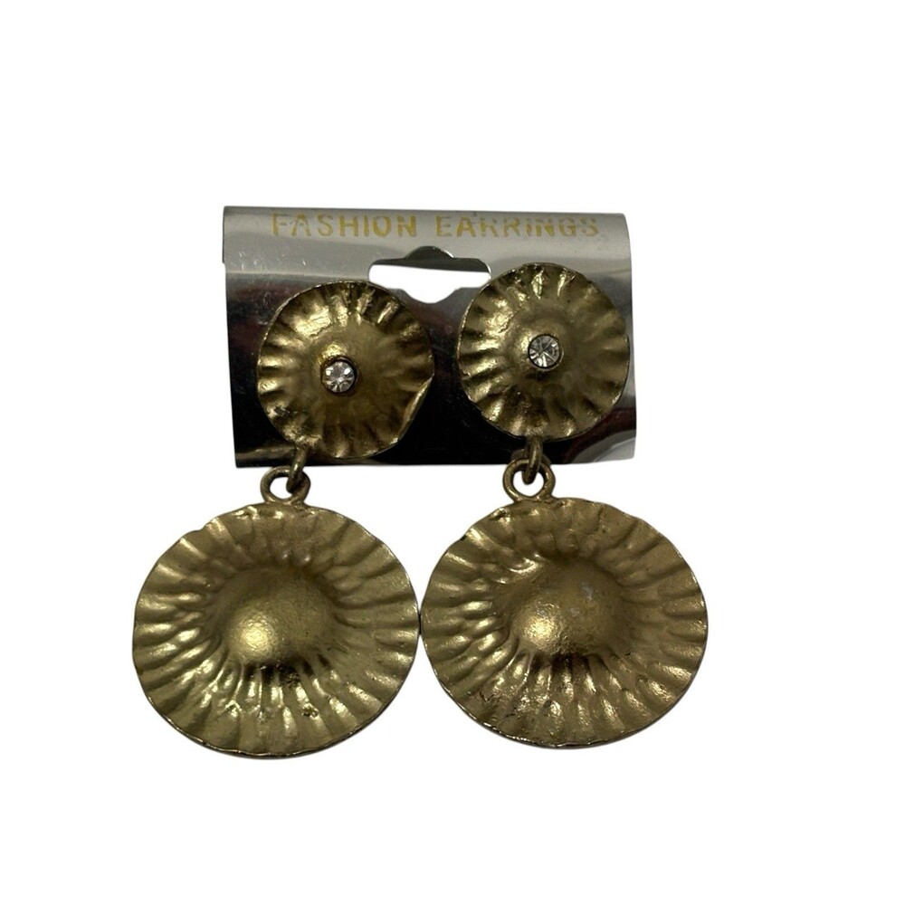Gold Art Deco Double Layer Ridged Disk Rhinestone Dangle Earrings Gong Type